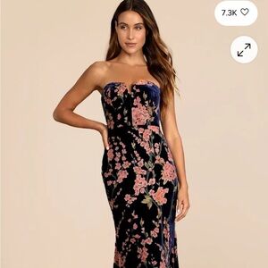 Lulus Bloom In Mind Navy Blue Floral Print Velvet Strapless Maxi Dress
